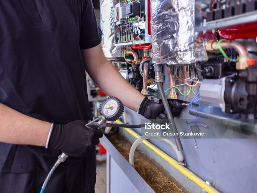 Installateur sanitaire raccordant un collecteur de chauffage